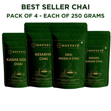 Best Seller Chai Pack of 4 - Kesariya, Desi Masala, Kadak Gold, Ginger Kadak Chai - 250 gms Each