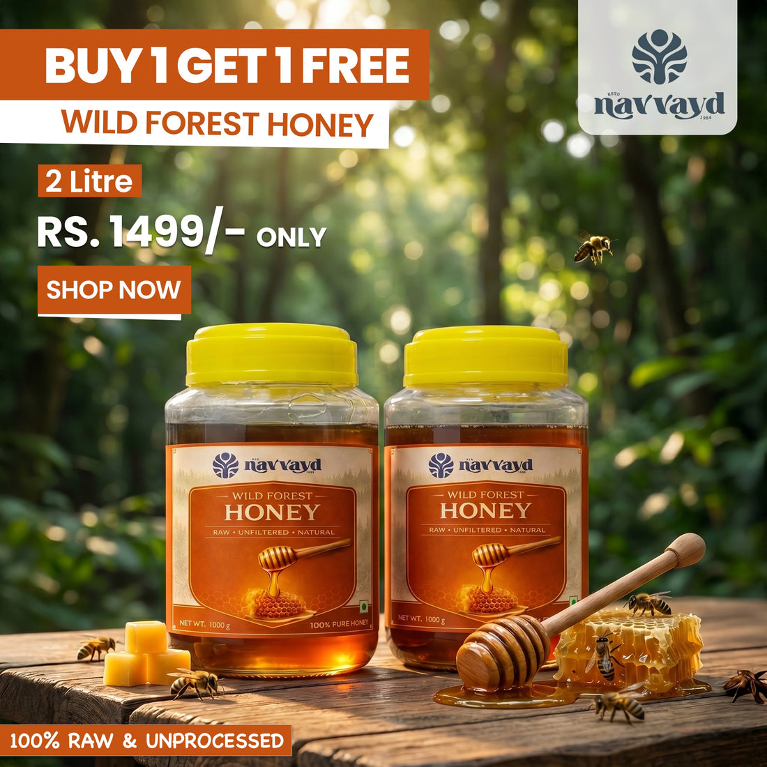 Wild Forest Honey 2 Kg  (2 Jars of 1 Kg Each)