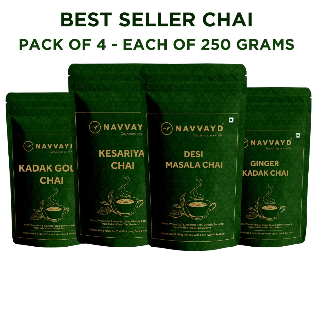 Best Seller Chai Pack of 4 - Kesariya, Desi Masala, Kadak Gold, Ginger Kadak Chai - 250 gms Each