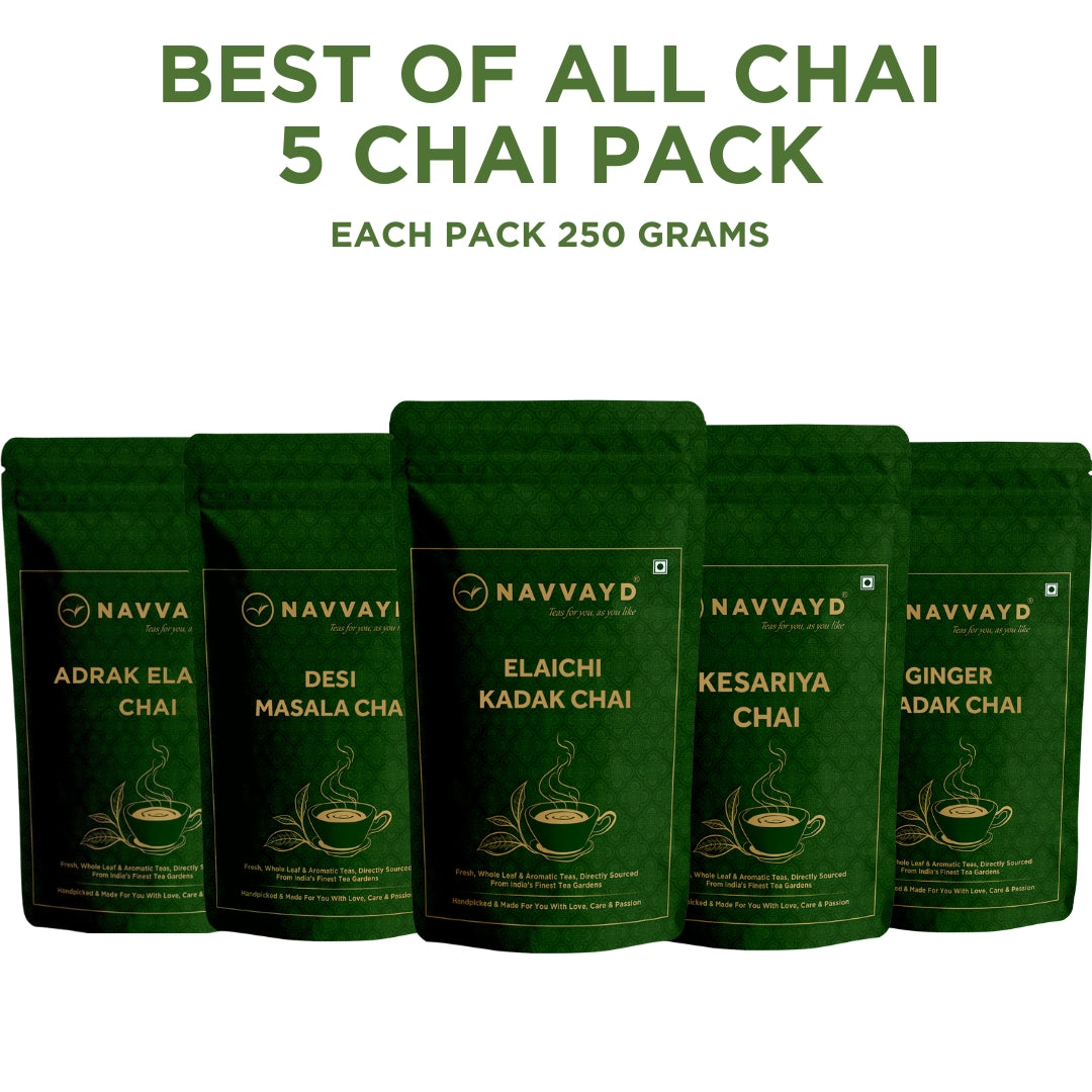 Best of All Chai - Adrak Elaichi, Kesariya, Ginger Kadak, Elaichi Kadak & Desi Masala Chai