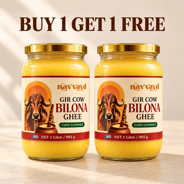 Navvayd Gir Cow Bilona Ghee in a 1 litre glass jars 