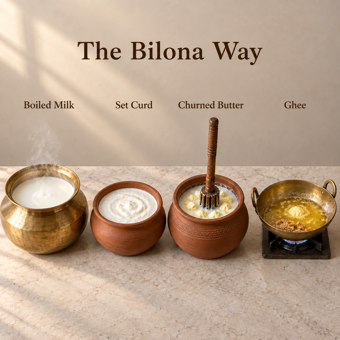 Curd being hand-churned to butter for bilona ghee