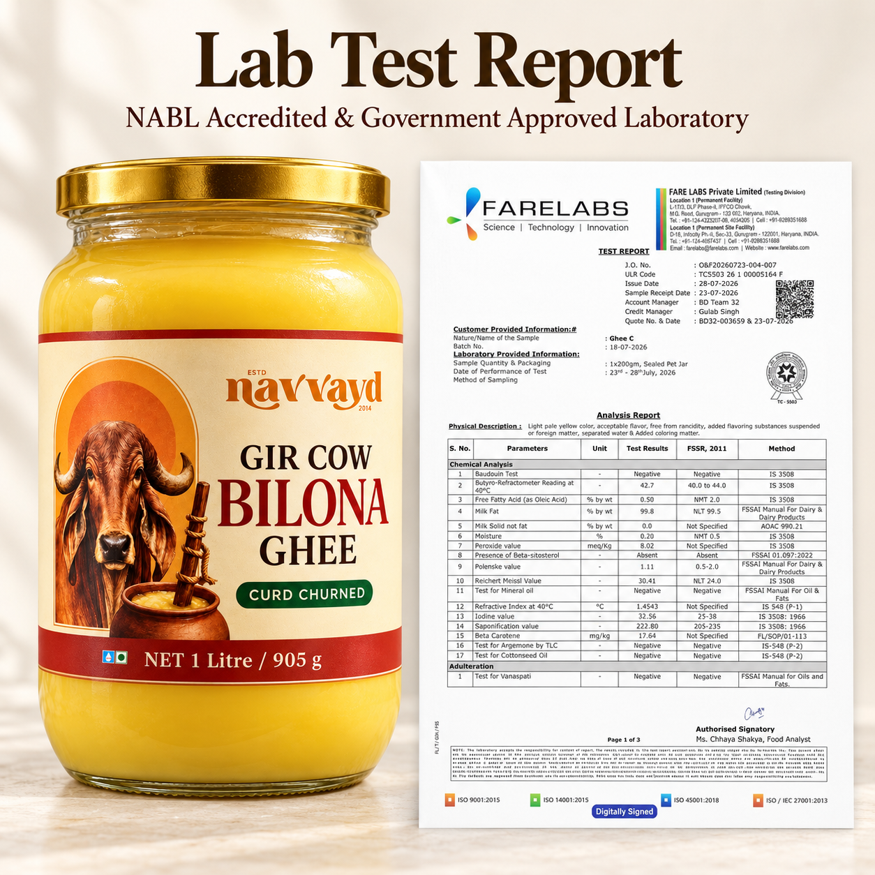 Gir cow ghee jar with lab report