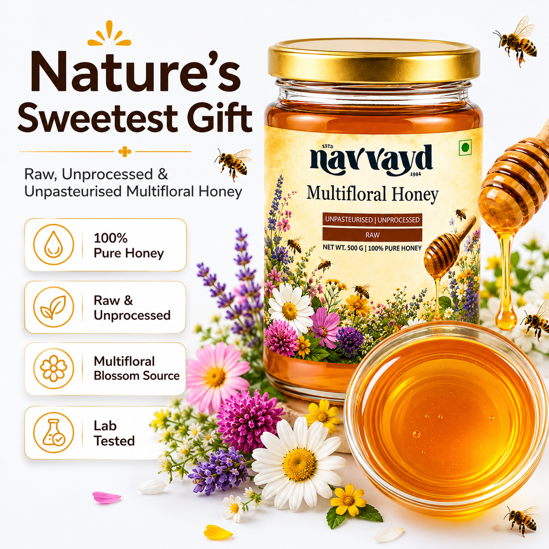 Multi Floral Honey 1 Kg  (2 Jars of 500 G Each)
