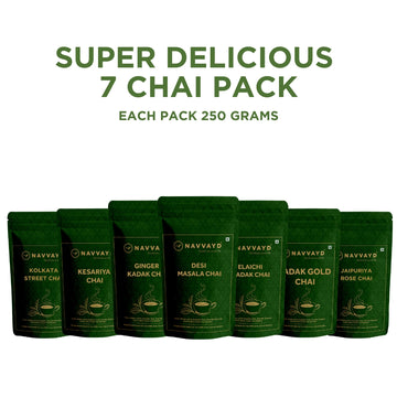 Super Delicious 7 Chai Pack - Jaipuriya Rose, Kolkata Street, Kesariya, Ginger Kadak, Elaichi Kadak, Desi Masala, Kadak Gold